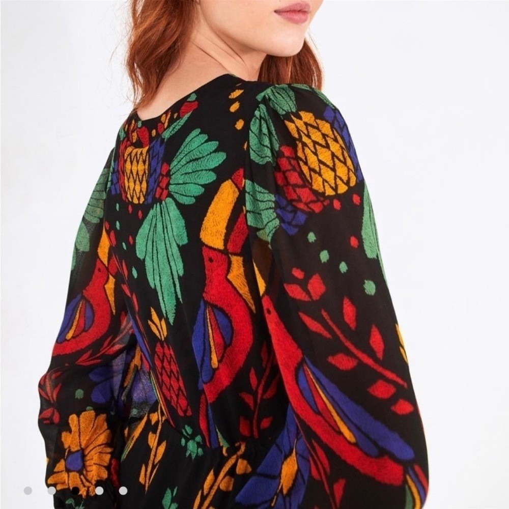Farm Rio Black Tropical Toucan Floral V-Neck Maxi Dress S Long Puff Sleeve Boho - Picture 13 of 16